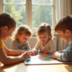Jeunes enfants jouant à un jeu coloré sur une table en bois