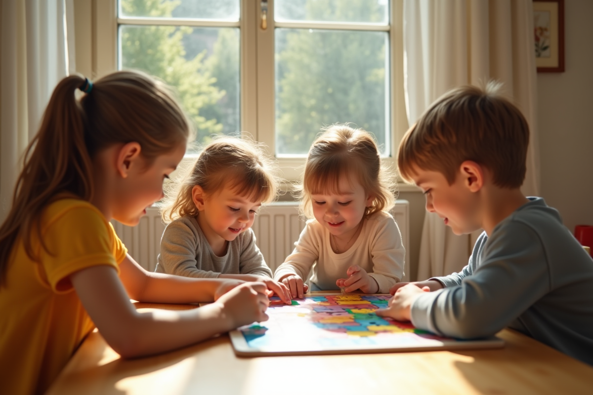 Jeunes enfants jouant à un jeu coloré sur une table en bois