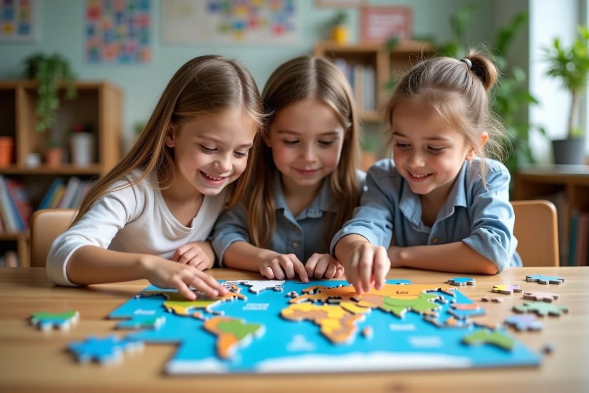Trois enfants assemblent un puzzle monde 3D en classe lumineuse