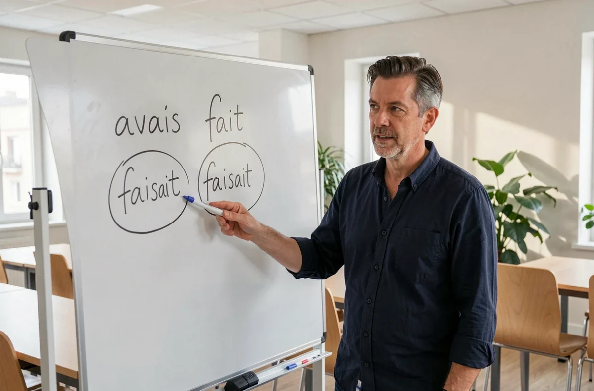 Enseignant expliquant la différence entre 'avais fait' et 'faisait' sur un tableau blanc en salle de classe
