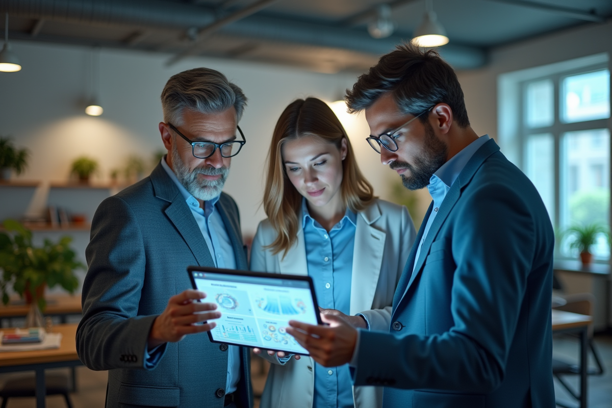 Equipe de professionnels autour d un ecran de biotechnologie