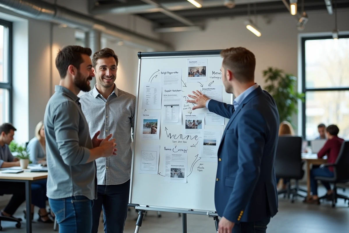 Équipe d'experts discutant des tendances de la culture web autour d'un tableau blanc en open space