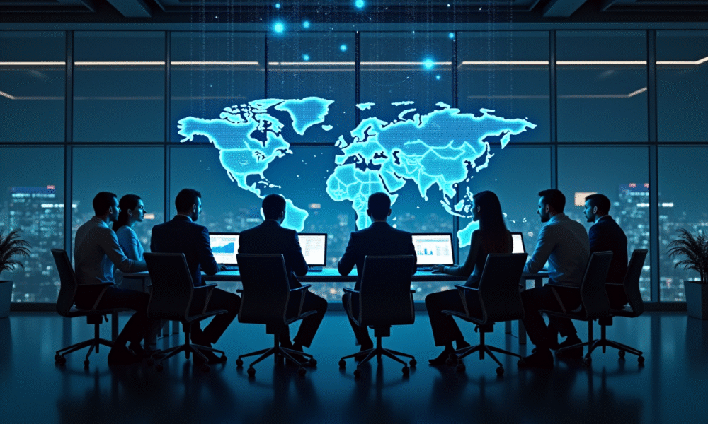 Équipe de professionnels analysant des données avec blockchain