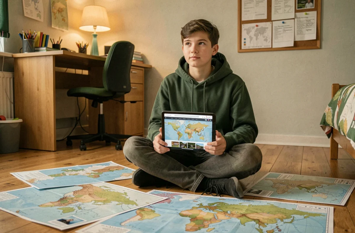Étudiant assis sur le sol entouré de cartes du monde vierges imprimées et consultant des fichiers HD sur tablette