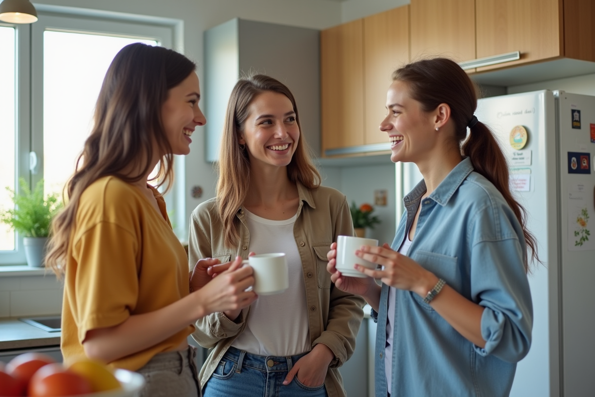 Trois étudiants discutant dans une cuisine moderne et lumineuse