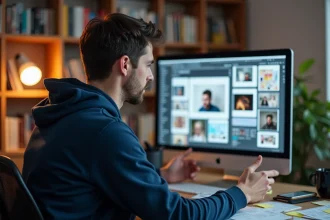 Expert en cultures web analysant des contenus viraux sur un écran d'ordinateur dans un bureau moderne