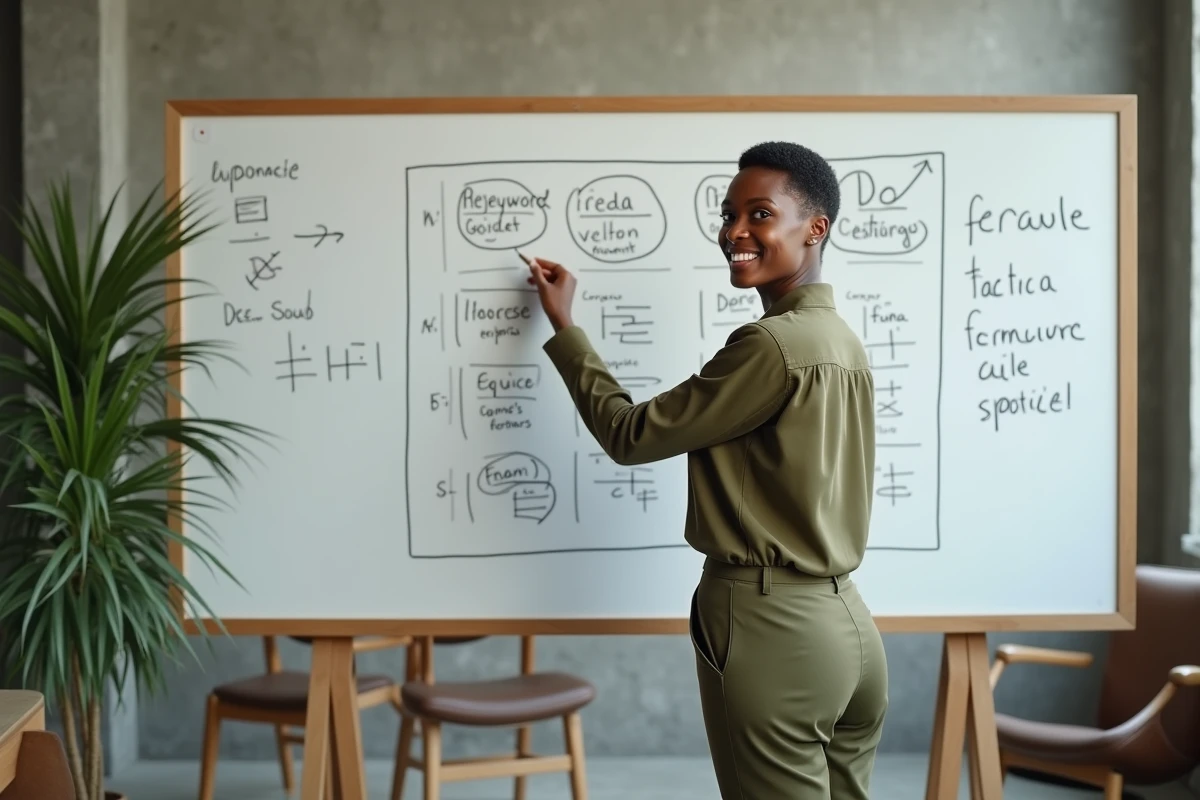Femme experte présentant la règle du palmier sur un tableau blanc dans un studio créatif minimaliste