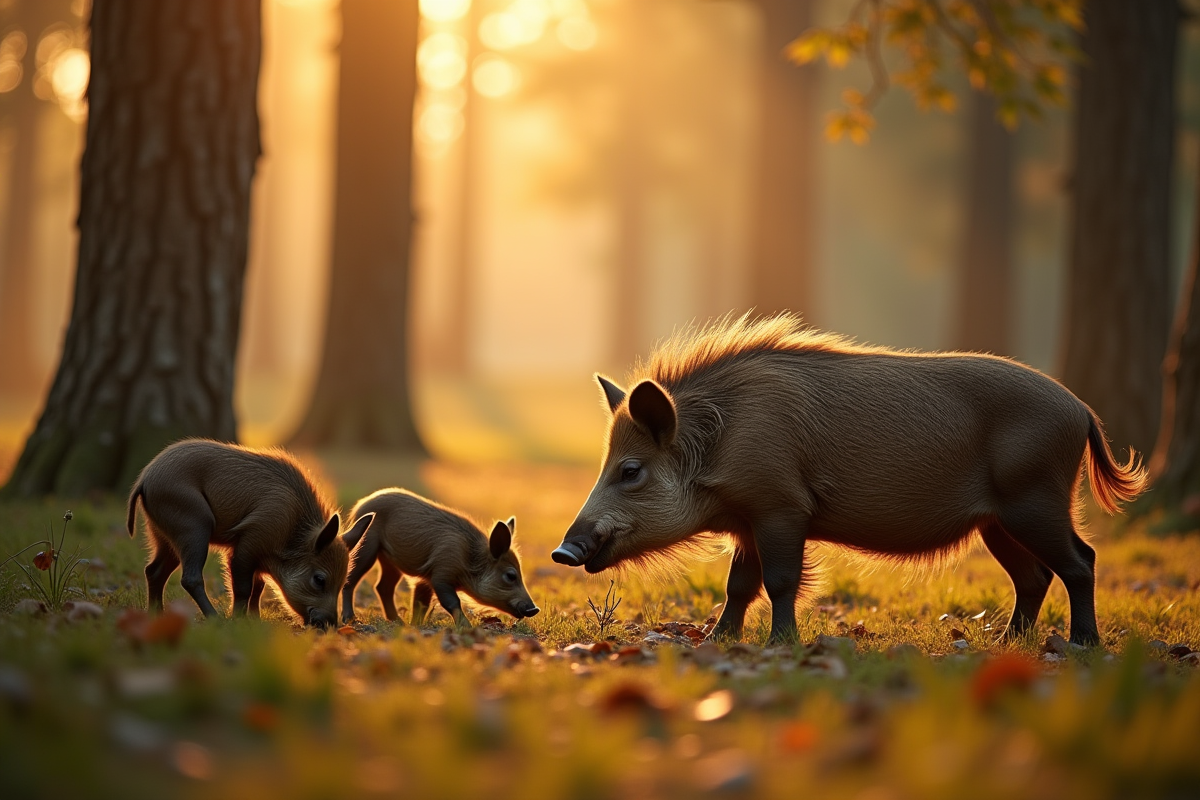 Famille de sangliers cherchant de la nourriture dans la forêt