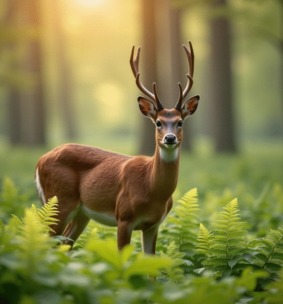 Jeune cerf curieux dans la forêt ensoleillée