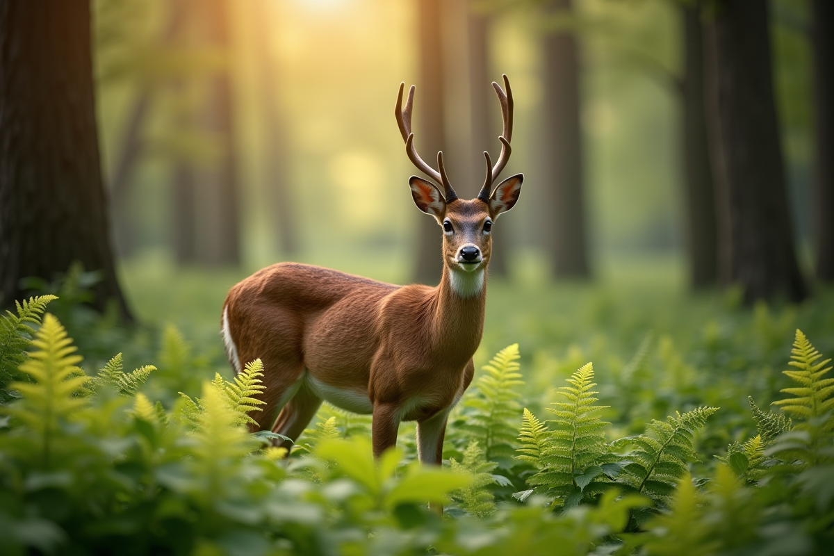 Jeune cerf curieux dans la forêt ensoleillée