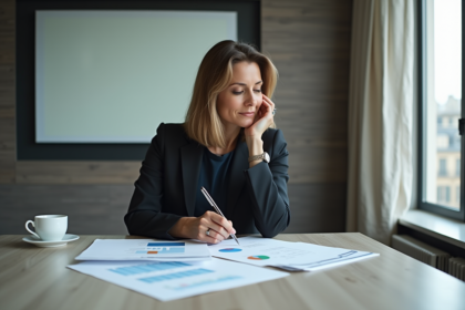 Femme d affaires française en réunion avec graphiques