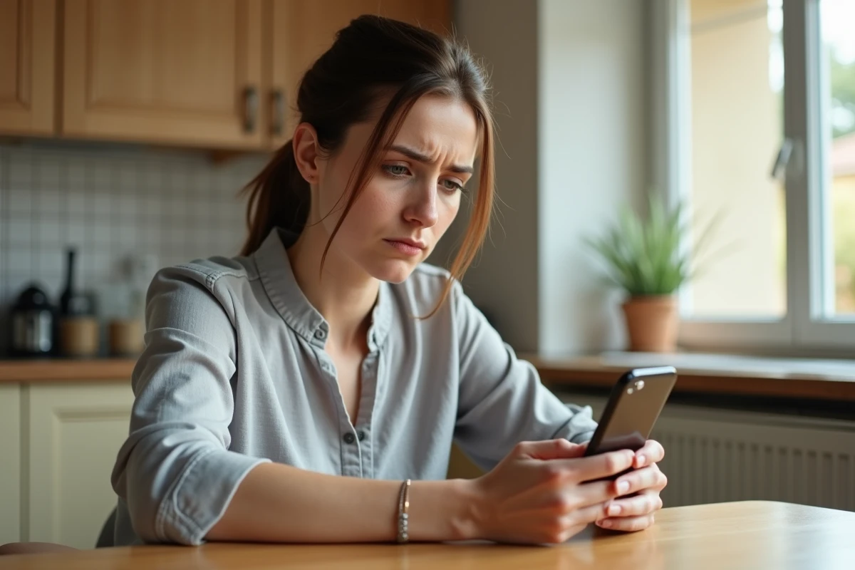 Femme regardant un appel entrant avec un numéro commençant par 06 72 sur son smartphone
