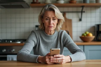Femme méfiante regardant un appel entrant suspect sur son smartphone dans une cuisine moderne