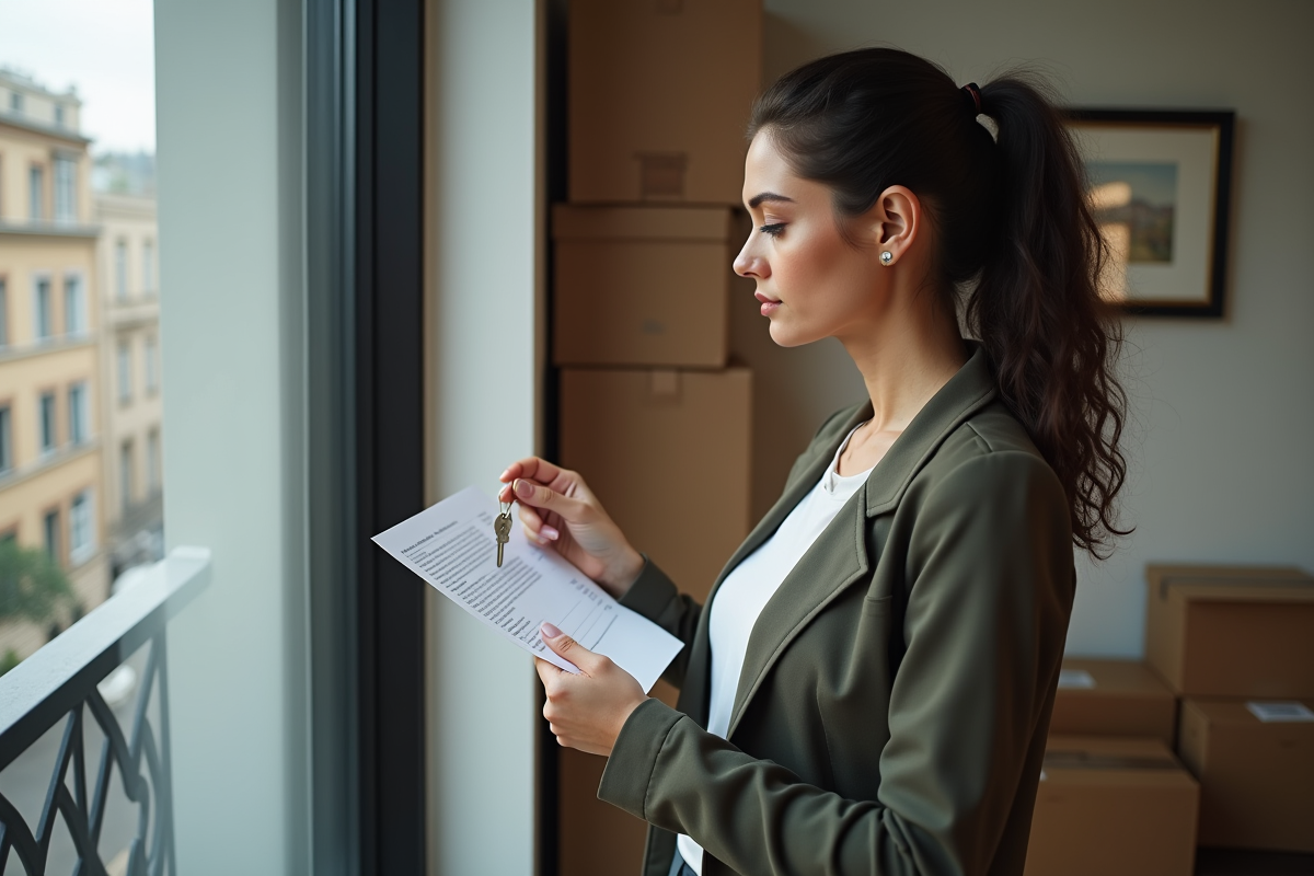 Jeune femme contemplant ses papiers et clés dans un appartement