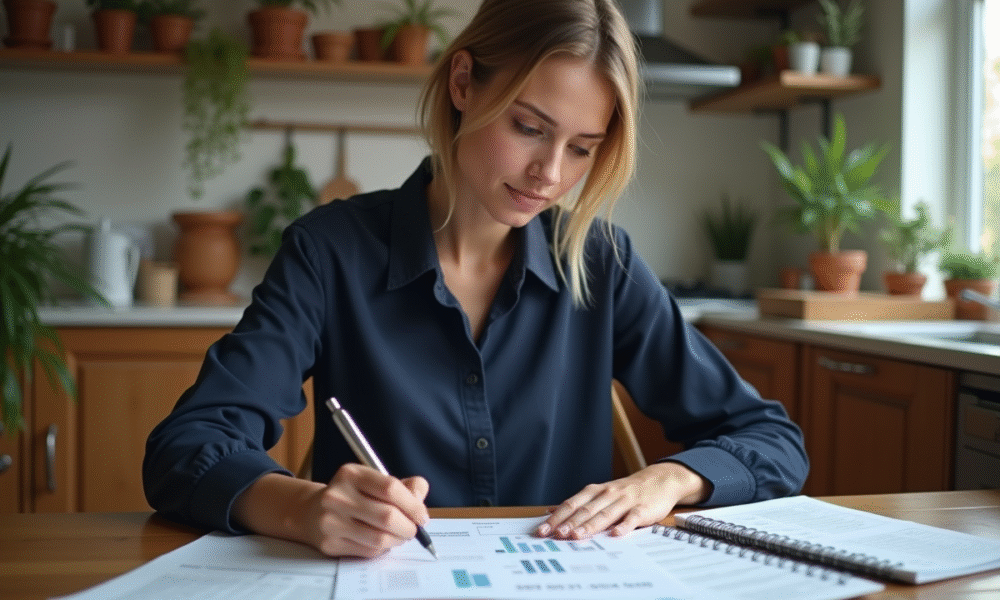Jeune femme en cuisine examinant ses factures et budget