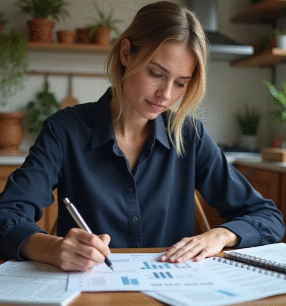 Jeune femme en cuisine examinant ses factures et budget