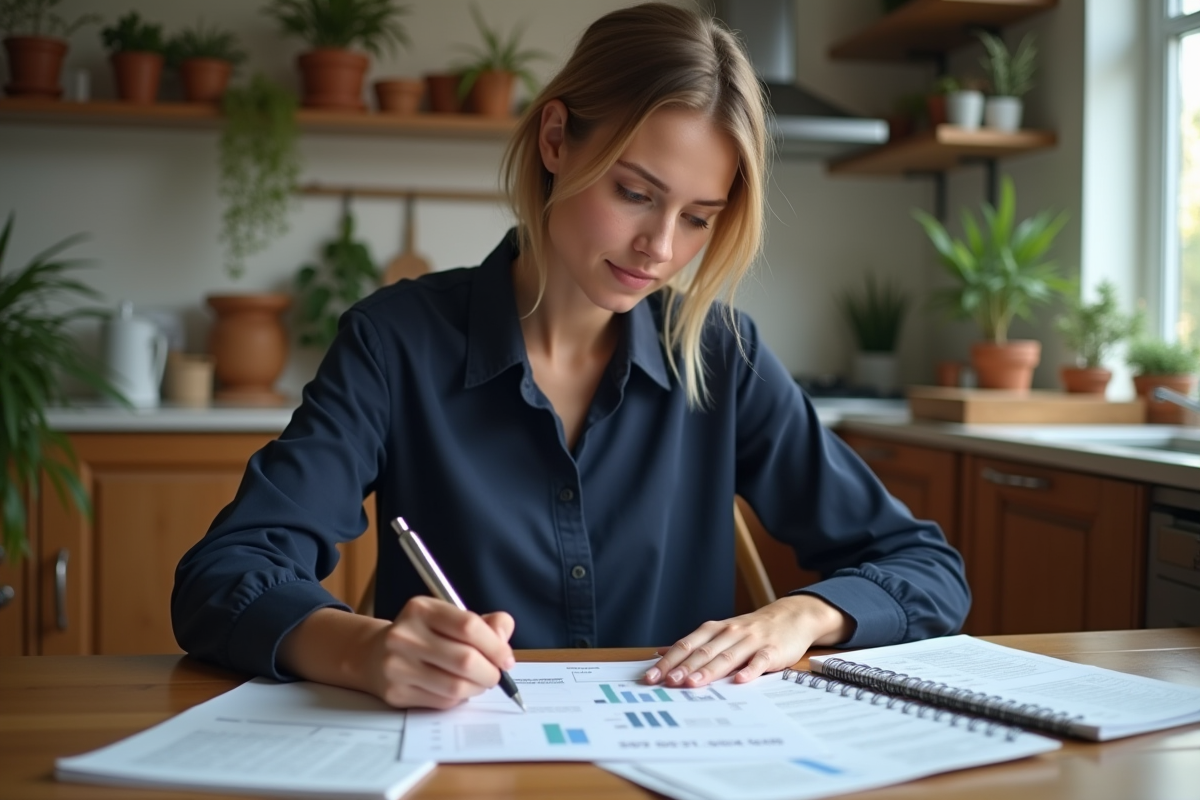 Jeune femme en cuisine examinant ses factures et budget