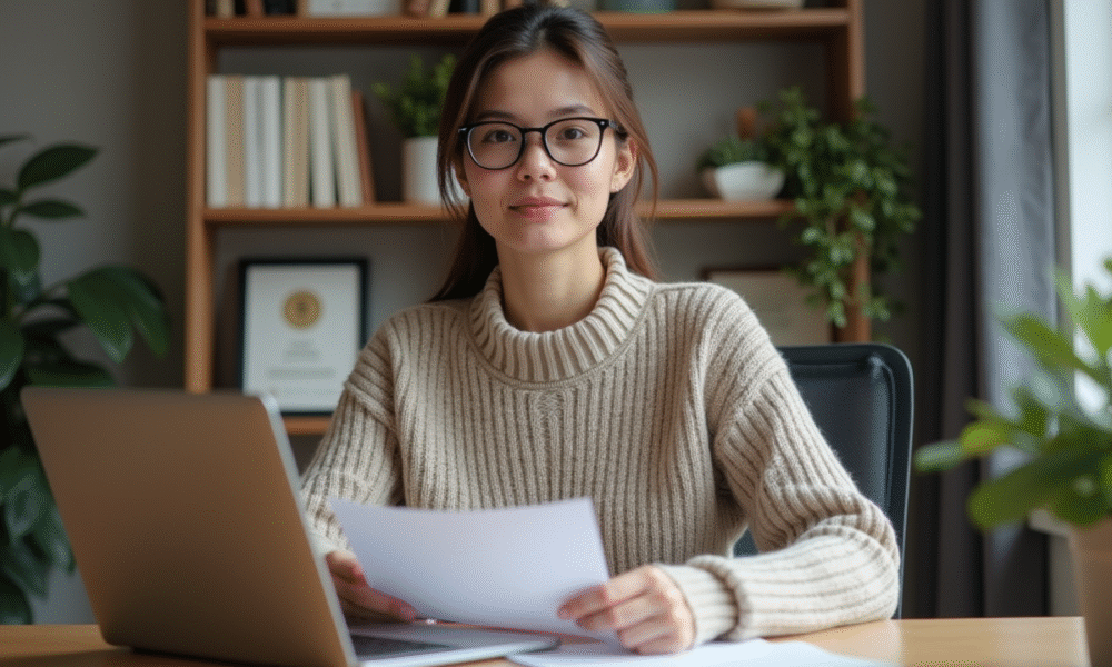 Femme en bureau à domicile travaillant sur un ordinateur