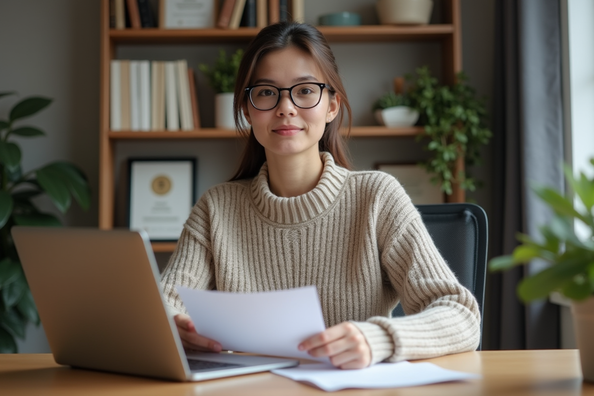 Femme en bureau à domicile travaillant sur un ordinateur