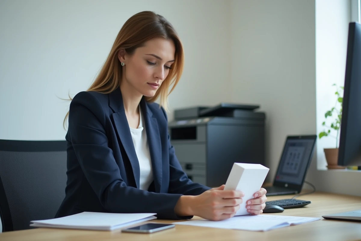 Femme professionnelle en bureau au Luxembourg comparant des cartouches d'encre pour trouver le meilleur prix