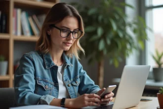Femme en denim et lunettes travaillant sur son ordinateur dans un bureau