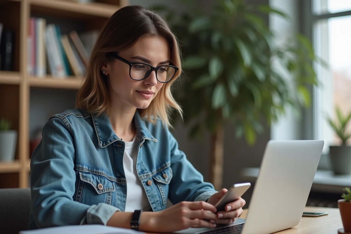 Femme en denim et lunettes travaillant sur son ordinateur dans un bureau