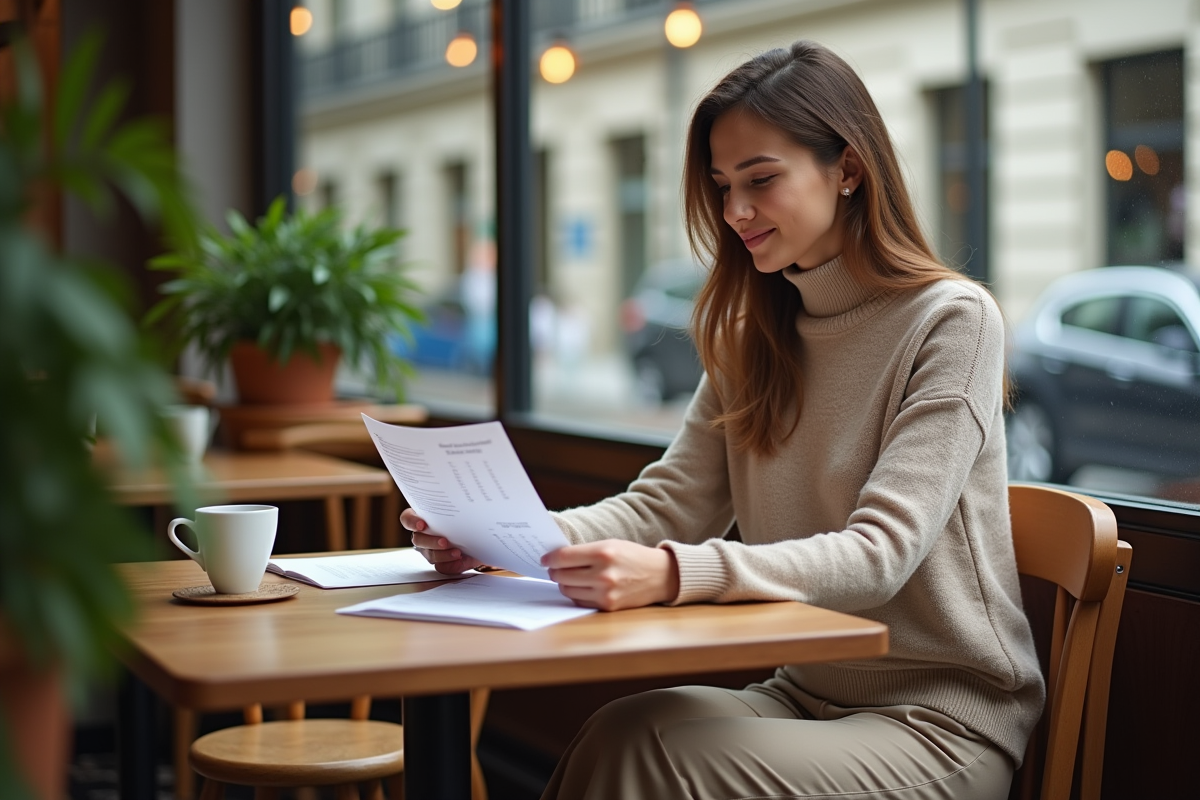 Jeune femme lisant des rapports financiers au café