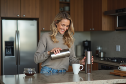 Femme vers 35 ans verse du cafe dans une tasse dans une cuisine chaleureuse