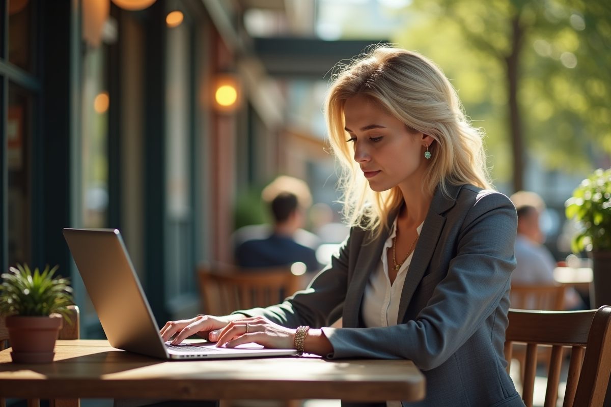 Femme professionnelle analysant son IRA au café en extérieur