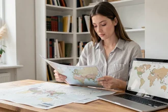 Femme consultant une carte du monde vierge imprimée en haute définition sur un bureau en bois