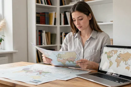 Femme consultant une carte du monde vierge imprimée en haute définition sur un bureau en bois