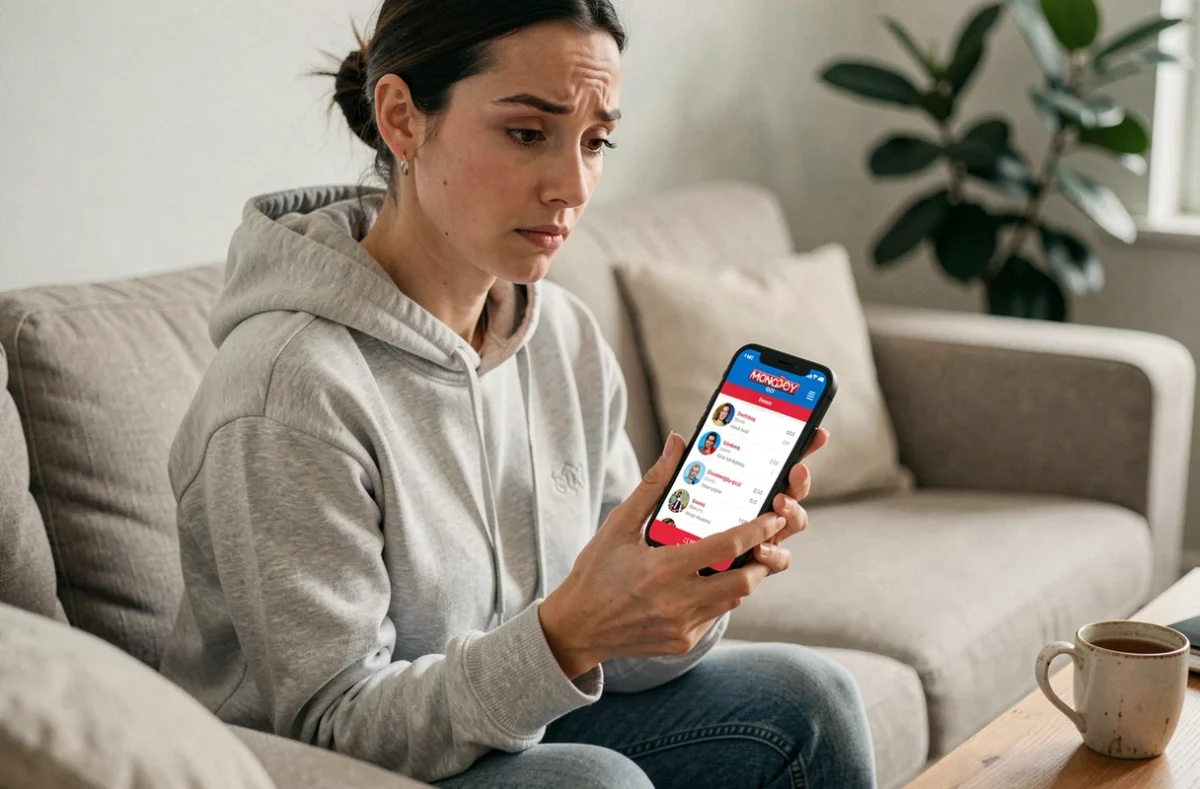Femme parcourant l'interface d'un club de magnats sur l'application Monopoly GO depuis son canapé