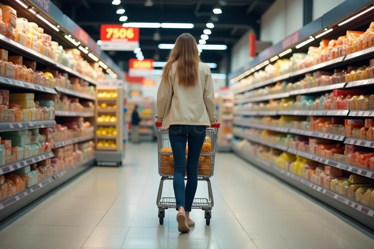 Femme faisant ses courses dans un hypermarché E Leclerc avec un caddie rempli de produits en promotion