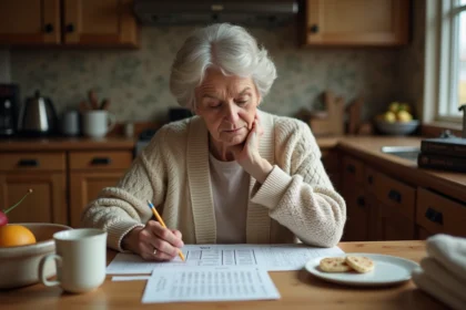 Femme concentrée avec mots croises dans une cuisine chaleureuse
