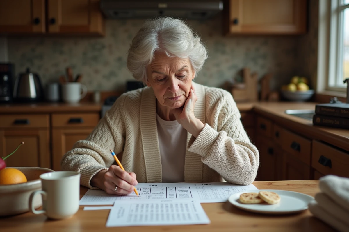Femme concentrée avec mots croises dans une cuisine chaleureuse