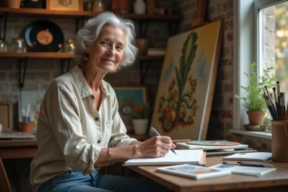 Femme en atelier d'art dessinant dans un carnet