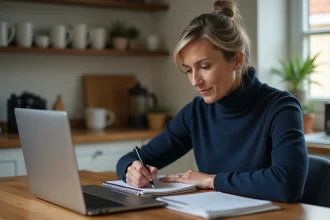 Femme concentrée écrivant dans un carnet en cuisine chaleureuse