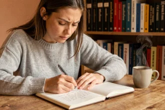Femme concentrée corrigeant une phrase en français dans un carnet, illustrant l'hésitation sur l'usage de 'fait' ou 'faisait'