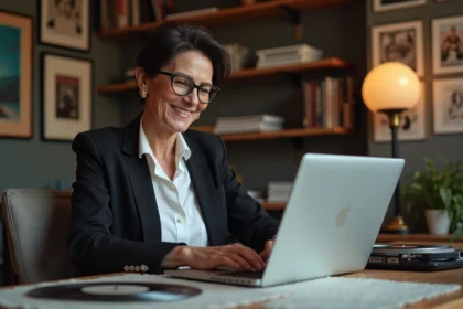 Femme française élégante travaillant dans un bureau cosy