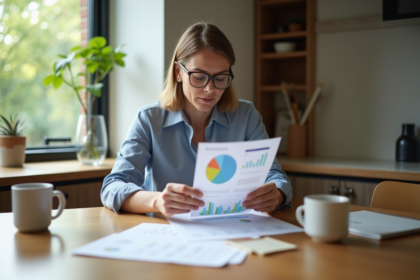 Femme d'âge moyen examinant un relevé bancaire et un graphique