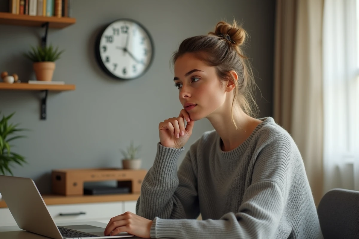 Femme regardant une horloge murale affichant 15h55 dans un bureau à domicile chaleureux, expression pensive et introspective