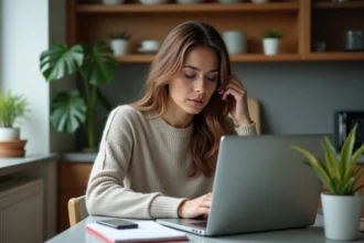 Femme inquiète vérifiant un site suspect sur son ordinateur