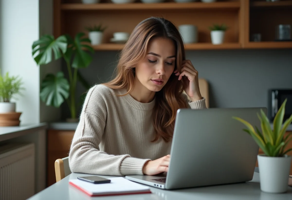 Femme inquiète vérifiant un site suspect sur son ordinateur