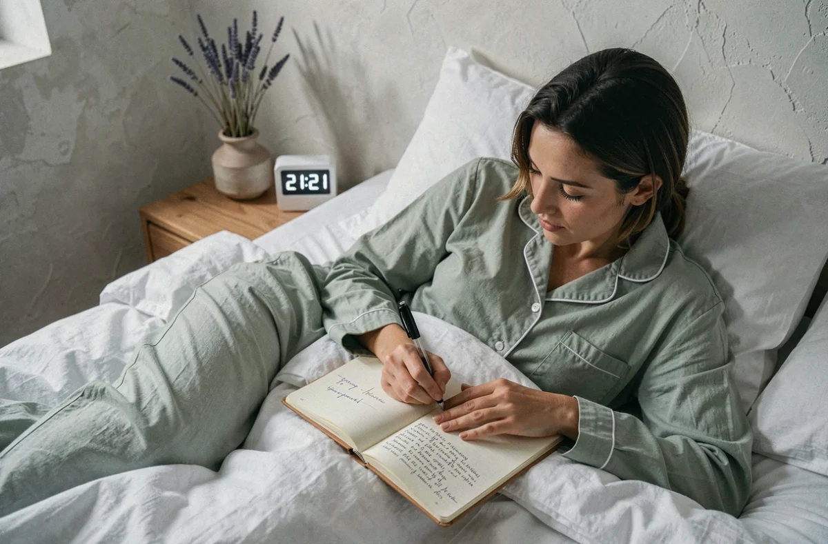 Femme écrivant dans son journal intime avec une horloge affichant 21h21 en arrière-plan, illustrant la réflexion spirituelle sur l'heure miroir en amour