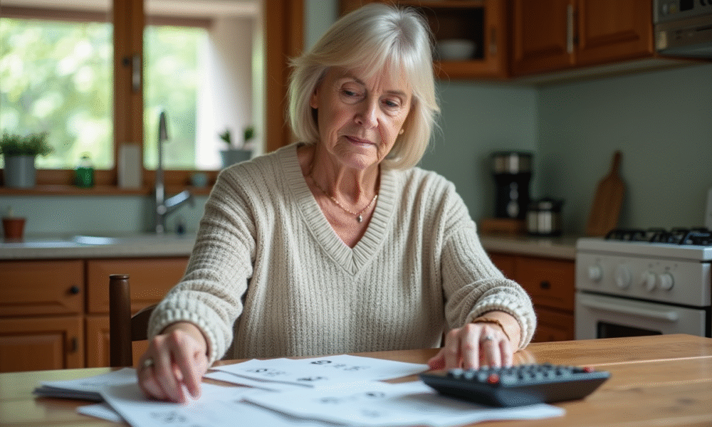 Femme d'âge moyen lisant des papiers dans la cuisine