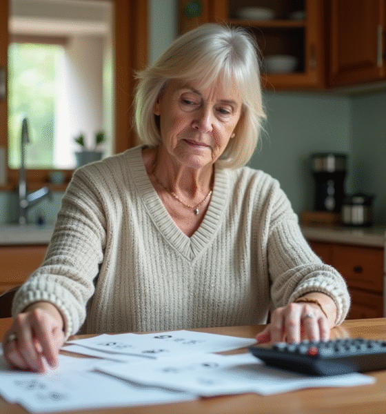 Femme d'âge moyen lisant des papiers dans la cuisine