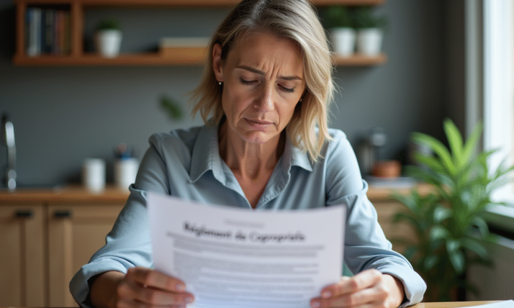Femme lisant un document de copropriete dans un appartement moderne
