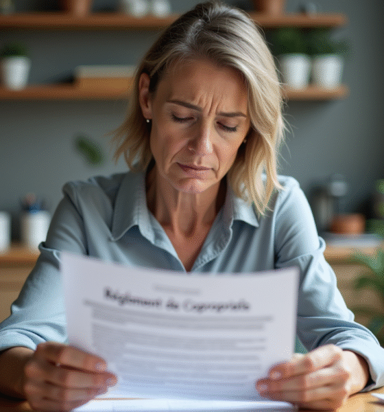 Femme lisant un document de copropriete dans un appartement moderne