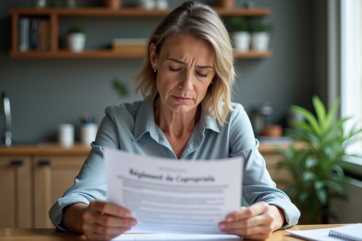 Femme lisant un document de copropriete dans un appartement moderne