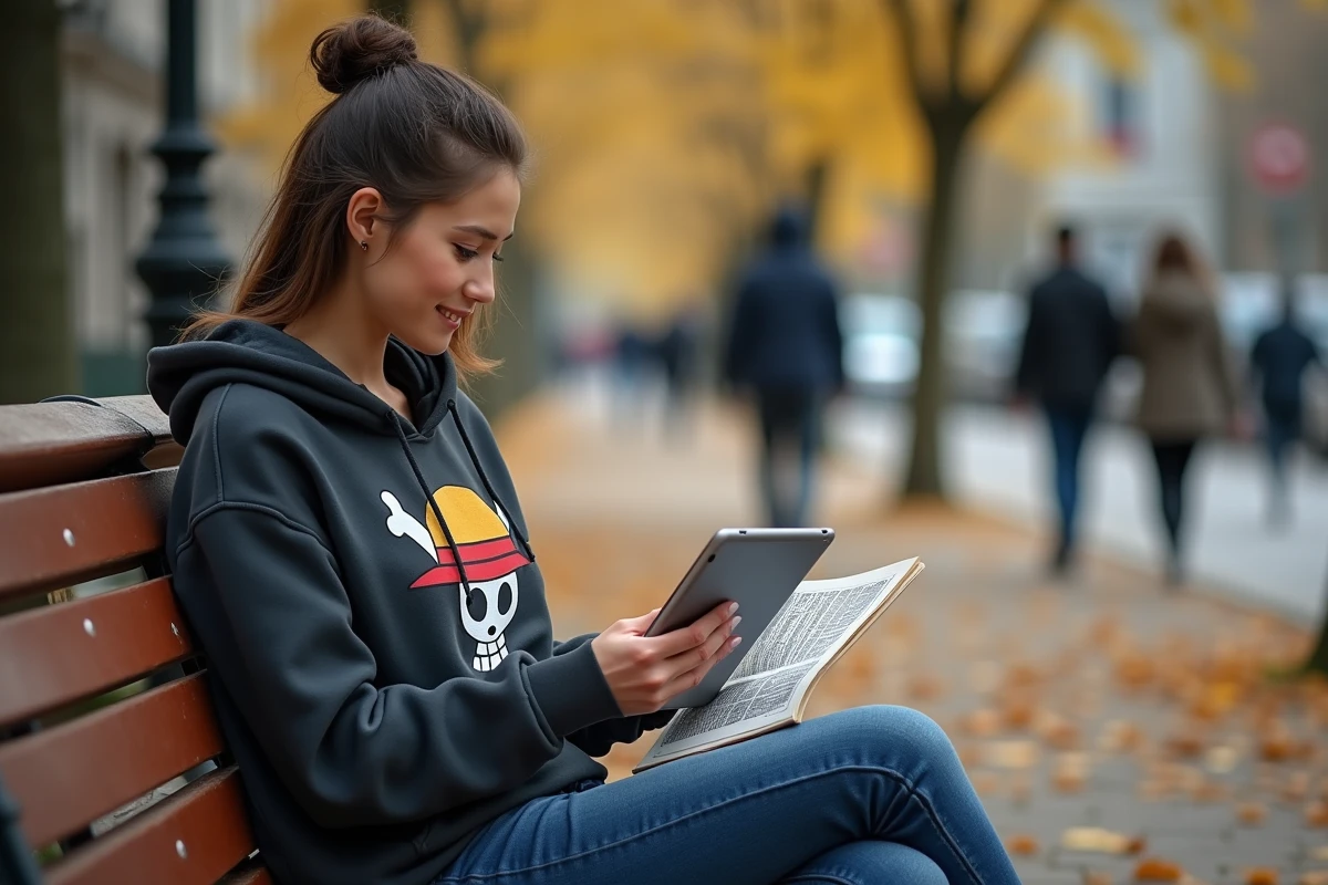 Jeune femme lisant manga sur tablette dans un parc en automne